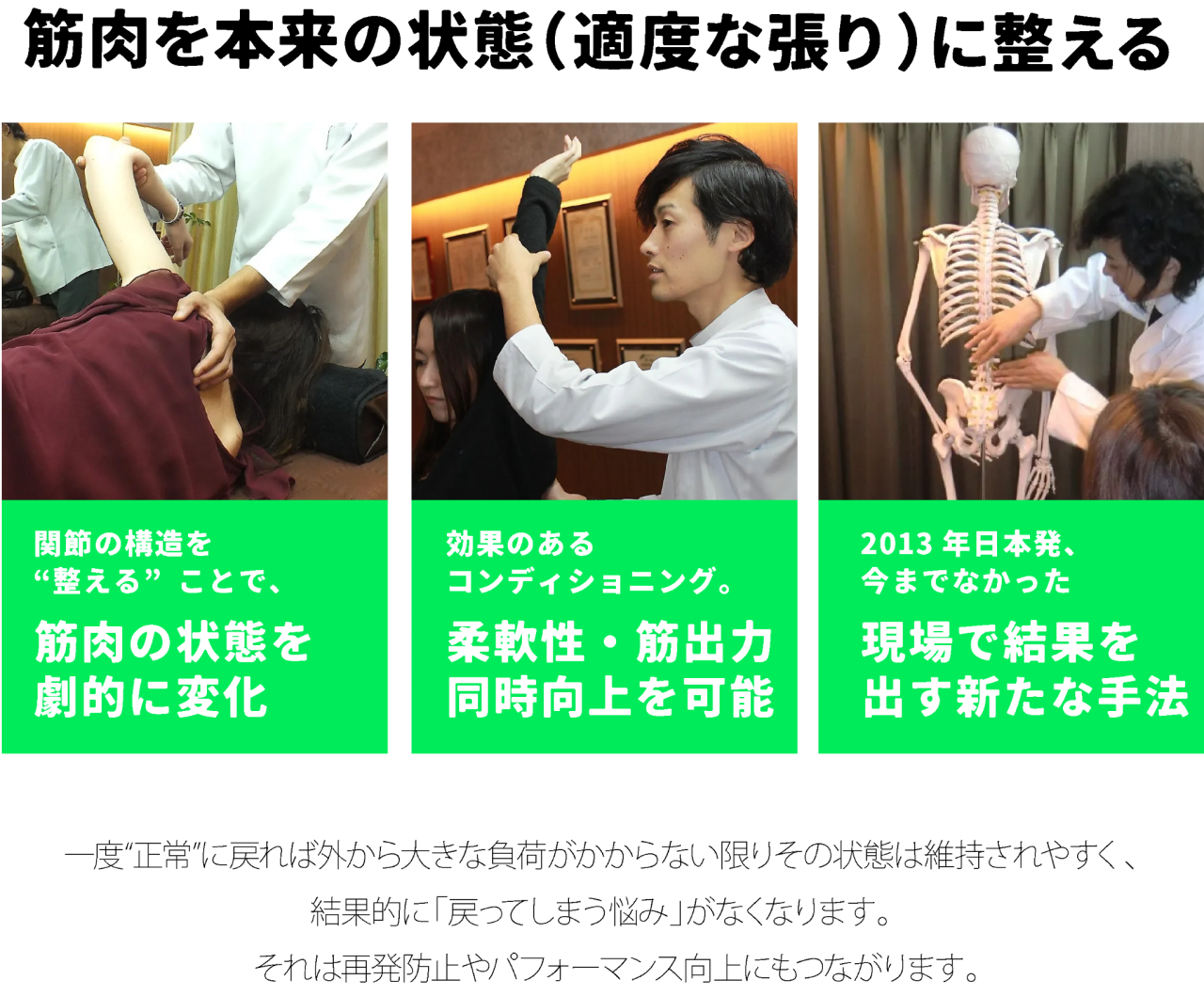 筋肉を本来の状態(適度な張り)に整える 関節の構造を“整える”ことで、筋肉の状態を劇的に変化 効果のあるコンディショニング。 柔軟性・筋出力同時向上を可能 2013年日本発、今までなかった 現場で結果を出す新たな手法 一度“正常”に戻れば外から大きな負荷がかからない限りその状態は維持されやすく、 結果的に「戻ってしまう悩み」がなくなります。 それは再発防止やパフォーマンス向上にもつながります。